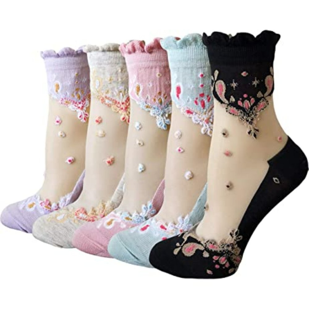 NEW COLORS AVAILABLE 2 for $20 Bridgerton Style Embroidered Sheer Lace Socks